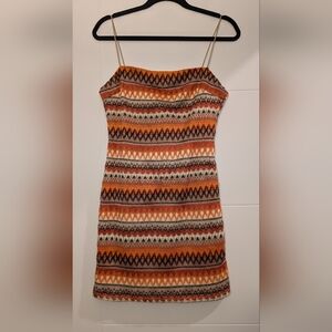 TCEC One Shoulder Dress in Orange and Brown Pattern